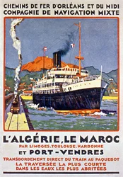 Werbeplakat für die französische Eisenbahn nach Algerien und Marokko über Limoges Toulouse Narbonne und Port Vendres um 1900