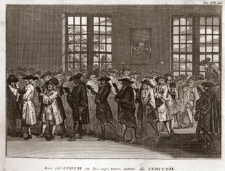Eine Versammlung jüdischer Trauernder, die die „Acafoth“ bei einer Beerdigung durchführen Gravur aus „Illustration de cérémonies et coutumes religieuses de tous les peuples du monde“ von Bernard Picart (1723-1743) 1819 Privatsammlung