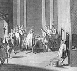 Verschiedene Phasen des Konklaves, Treffen der Kardinäle zur Wahl eines neuen Papstes: Wahl des neuen Papstes während des Konklaves in der Sixtinischen Kapelle, Vatikan: Essen wird während des Konklaves überprüft) Gravur aus "Illustration religiöser Zeremo