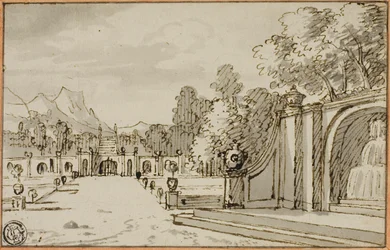 Formaler Garten mit Brunnen im Vordergrund