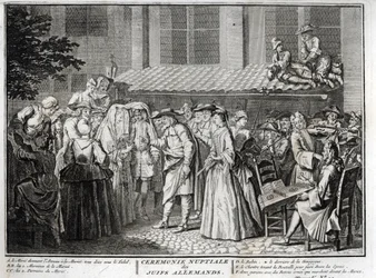Jüdische Hochzeit in der jüdisch-deutschen Gemeinde) Gravur aus "Illustration religiöser Zeremonien und Bräuche aller Völker der Welt" von Bernard Picart (1723-1743)