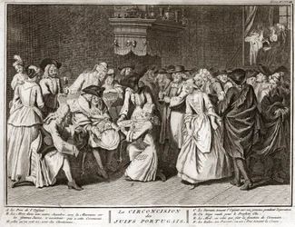 Judentum: Beschneidungszeremonie in der jüdisch-portugiesischen Gemeinde) Gravur aus "Illustration religiöser Zeremonien und Bräuche aller Völker der Welt" von Bernard Picart (1723-1743)