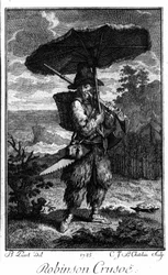 Darstellung von Robinson Crusoe auf seiner einsamen Insel. Gravur von Bernard Picart (1673-1733) zur Illustration des Romans von Daniel Defoe (1660-1731)