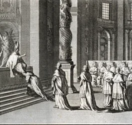 Feierliche Inauguration des Pontifikats (Papstverehrung am großen Altar von St. Peter, Vatikan) Gravur aus Illustration religiöser Zeremonien und Bräuche