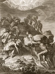 Die Riesen versuchen, den Himmel zu erklimmen, indem sie Berge aufeinander stapeln, 1731