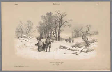 Familie sammelt Holz im Schnee (Darstellungen des Lebens auf dem Land)