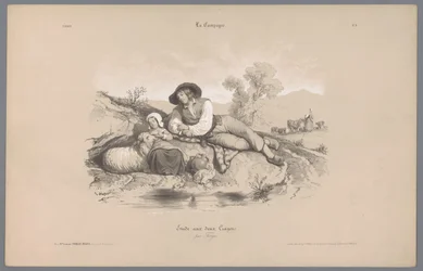 Hirte mit Mädchen an einem Teich
