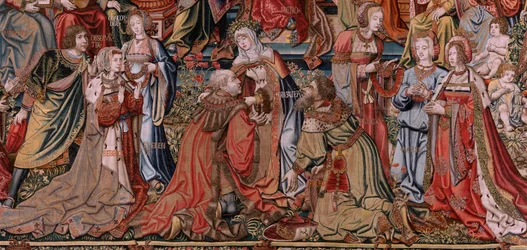 Flämischer Wandteppich. Serie Die Ehren. Gerechtigkeit (La Justicia, Los Honores). Neunter Wandteppich in der Serie. Modell Zeichner aus dem Kreis von Bernard van Orley und Jan Gossaert (Mabuse). Herstellung Pieter van Aelst, Brüssel. Ca 1550. Stoff Gold, 