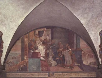 St. Antoninus stellt sich Papst Eugen III. als Botschafter vor, Lünette