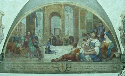 Der junge St. Antonius betet vor dem Kreuz im Stadtplatz