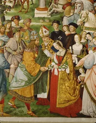 Aeneas Silvius Piccolomini, damals Bischof von Siena, stellt Kaiser Friedrich III. seiner Braut Eleonore von Portugal vor