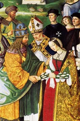 Aeneas Sylvius, Bischof von Siena, präsentiert Kaiser Friedrich III. seine zukünftige Frau Eleonore von Aragon