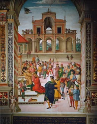 Enea Silvio wird von Kaiser Friedrich III. zum Dichter gekrönt, Siena, Duomo, Libreria Piccolomini