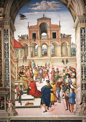 Italien, Siena, Kathedrale, Piccolomini-Bibliothek, Enea Silvio Piccolomini wird von Kaiser Friedrich III. zum Dichter gekrönt (Detail)