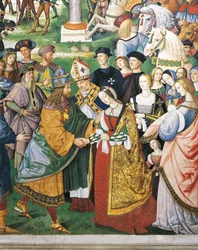 Italien, Siena, Dom, Piccolomini-Bibliothek, Enea Silvio Piccolomini, Bischof von Siena, bei der Krönung Friedrichs III. und Eleonores von Aragon, Detail aus den Geschichten Pius