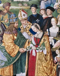 Die Piccolomini-Bibliothek, Südostwand: Aeneas Sylvius stellt Eleonora von Aragonien Friedrich III. vor, 24. Februar