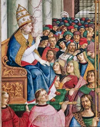 Piccolomini-Bibliothek, Südwestwand: „Aeneas Sylvius, zum Papst mit dem Namen Pius II. gewählt, betritt St. Peter, 3. September“
