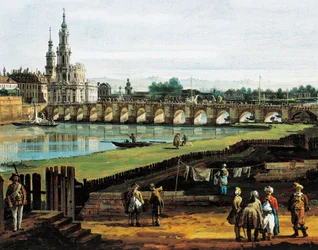 Dresden vom rechten Elbufer flussaufwärts von der Augustusbrücke, um 1750, von Bernardo Bellotto, bekannt als Canaletto, (Detail)