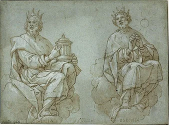 Zwei sitzende Könige von Juda; Josia und Hiskia