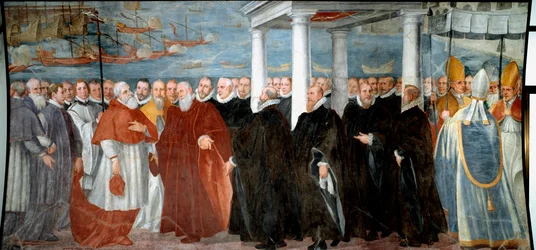 Der Doge von Genua Giacomo Durazzo Grimaldi (ca. 1503-1579) begrüßt Kardinal Giovanni Morone im Hafen von Genua Fresko von Bernardo Castello (1557-1629) 16. Jahrhundert Genua, Museo di Sant 