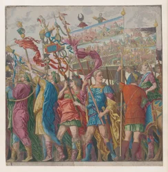 Blatt 1: Soldaten tragen Banner, die die triumphalen militärischen Erfolge von Julius Caesar darstellen