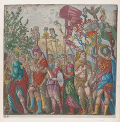 Blatt 7: Prozession von Musikern und anderen mit Standarten, aus Der Triumph des Julius, 1599