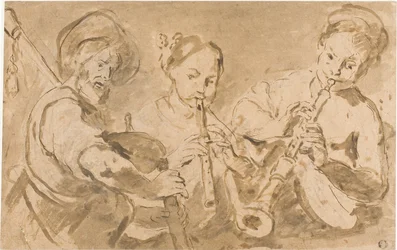 Drei Musiker, die Hörner und Pfeife spielen