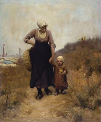 Mutter und Kind auf einem Weg am Meer