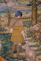 Flämischer Wandteppich. Serie Die Gründung Roms: Faustulus trifft Romulus und Remus. Zeichner Barend van Orley (?). Herstellung Brüssel. 1525-1530. (Detail)