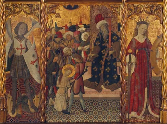 Heiliger Michael und Heilige Katharina, flankierend das Martyrium der Heiligen Eulalia von Barcelona (289-304)