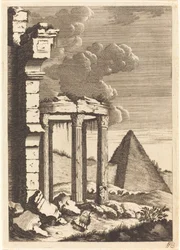 Ziegen vor Ruinen und einer Pyramide