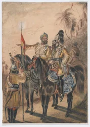 Zwei berittene Offiziere und ein abgestiegener Sowar, 4. Bengalische Irreguläre Kavallerie, ca. 1850