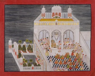 Maharana Ari Singh mit seinen Höflingen im Jagniwas-Wasserpalast, datiert 1767
