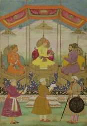 Mogulkaiser Akbar (ca. 1605) (Mitte) übergibt symbolisch die Krone von seinem Sohn Jahangir an seinen Enkel Shah Jahan (1627-1658) ca. 1630