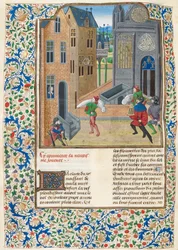 Eingewickelte Körper werden in ein Gebäude getragen, Illustration aus 
