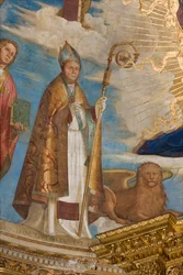 Apsis, Catino Apsis, Pantokrator unter den Heiligen Marcellino, Imerio, Omobono, Peter Exorzist, Detail von St. Imerio