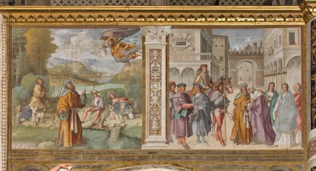Zentrales Kirchenschiff, erstes nördliches Joch, Verkündigung an Joachim, Begegnung von Joachim und Anna an der Goldenen Pforte