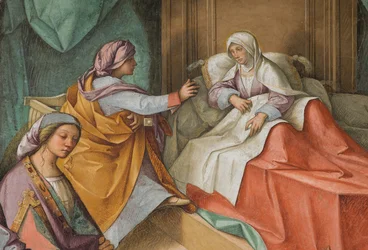 Zentrales Kirchenschiff, Zweite Nordspanne, Geburt der Jungfrau, Boccaccio Boccaccino 1514-15, Detail