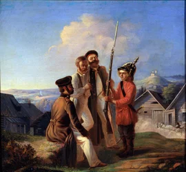 Militärische Siedlung. Soldaten verspotten einen Jungen, dem sie einen Helm und ein Gewehr gegeben haben. Gemälde von Bogdan Bogdanovich Greim (um 1827-1885), Öl auf Leinwand. Russische Kunst des 19. Jahrhunderts. Staatliches Kunstmuseum der Republik Karel