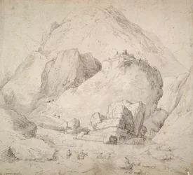 Gebirgige Landschaft mit Figur auf Pferd im Vordergrund
