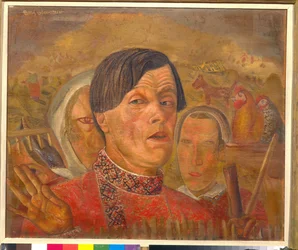 Selbstporträt mit Hahn und Henne, um 1924 - 60,4 x 73,5 cm - Privatsammlung
