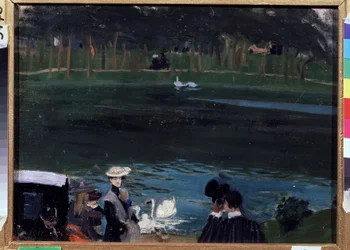 Bois de Boulogne. Der See mit Schwänen und Spaziergängern