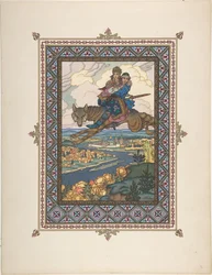 Illustration zum Märchen von Iwan Zarewitsch, dem Feuervogel und dem grauen Wolf, ca. 1925