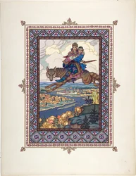 Der Feuervogel und der graue Wolf - Illustration für das Märchen von Iwan Zarewitsch, dem Feuervogel und dem grauen Wolf