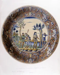 Daphne verwandelt sich in einen Lorbeer, um der Verfolgung durch Apollo zu entkommen - in „Collection of Italian faiences of the XV, XVI and XVIII centuries“, entworfen von C. Delange und C. Borneman, ed. Delange, Paris