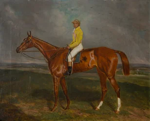 Kastanienbraunes Rennpferd mit Jockey, ca. 1860-90