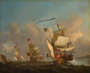 Eine königliche Yacht mit einer Flotte, die bei einer Brise in See sticht, ca. 1720