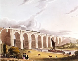 Industrielle Revolution: Ansicht des Eisenbahnviadukts über das Sankey-Tal. Platte aus „Liverpool & Manchester Railway“, London 1832.