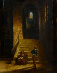 Innenansicht einer Burg mit einem sitzenden Mönch, ca. 1850