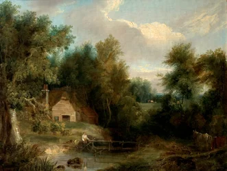 Landschaft, Hütte und ein Bach mit einer Figur und einem Haus